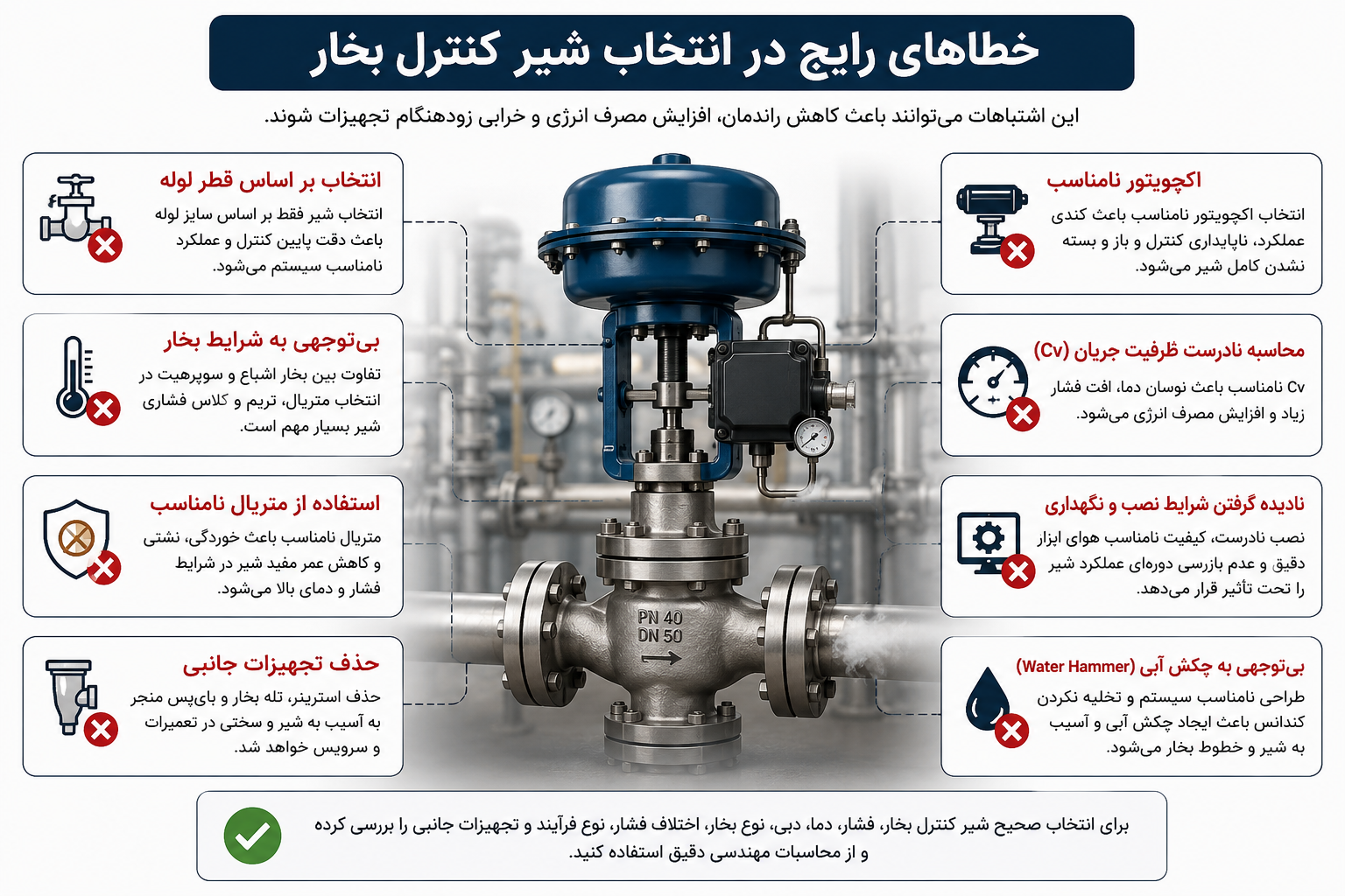 فلوچارت انتخاب شیر کنترل بر اساس نوع بخار، فشار، دما، ظرفیت جریان (Cv)، نوع اکچویتور و شرایط فرآیندی
