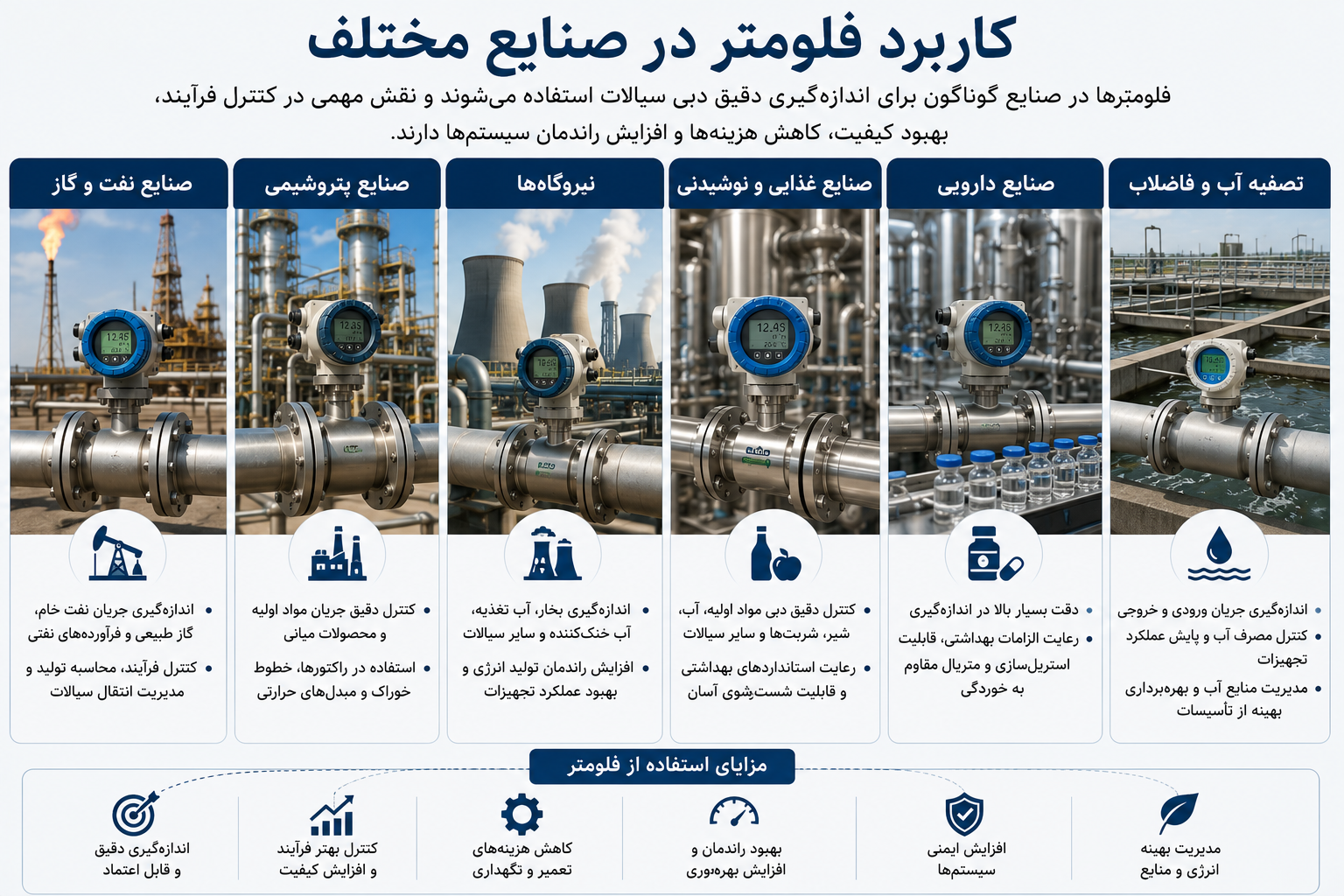 کاربرد فلومتر در صنایع نفت گاز پتروشیمی نیروگاهی غذایی دارویی و تصفیه آب