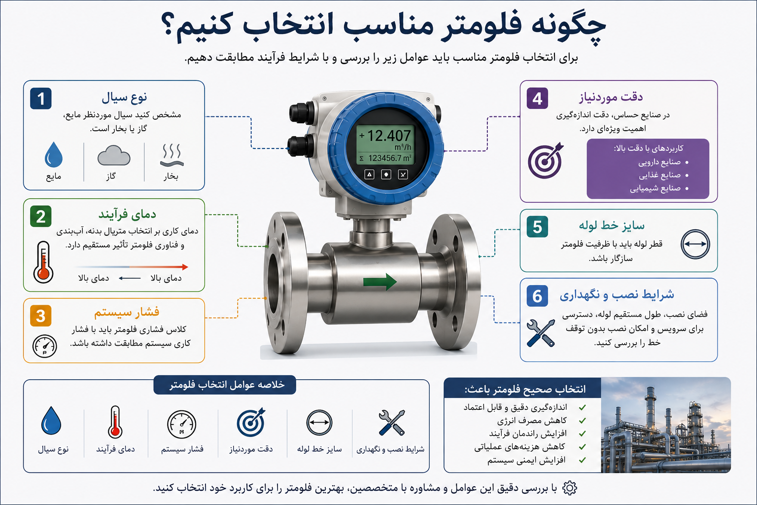 راهنمای انتخاب فلومتر بر اساس نوع سیال دما فشار دقت و سایز خط لوله